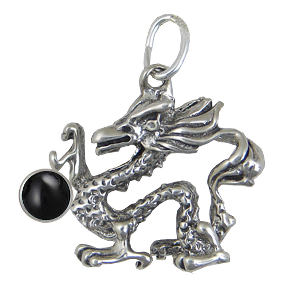 Sterling Silver Oriental Dragon Pendant With Black Onyx